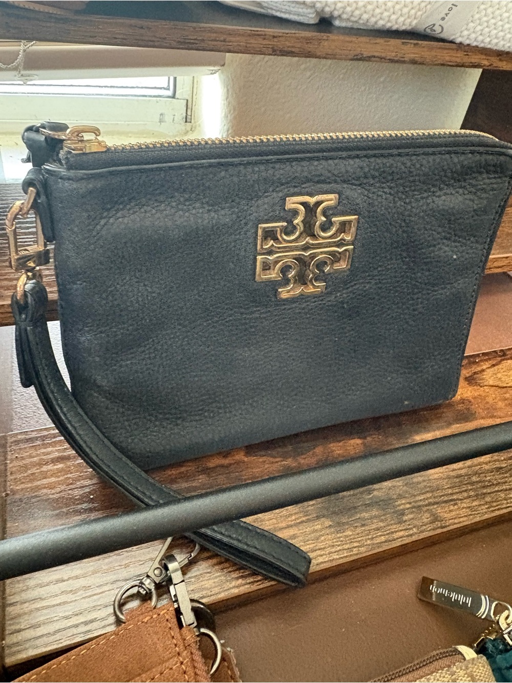 Tory Burch Black Leather Wristlet with Gold Logo Detail